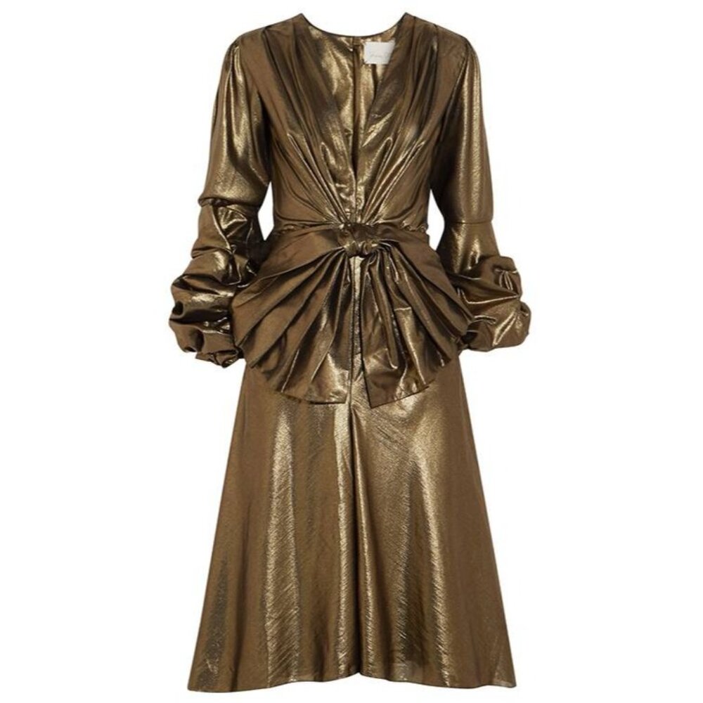 NWT $2100 Johanna Ortiz Berlin Diverse and Intense Midi Dress Shimmery Gold Sz 2